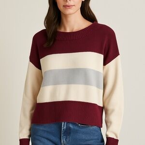 Lucky Brand Burgundy and Cream Striped Sweater